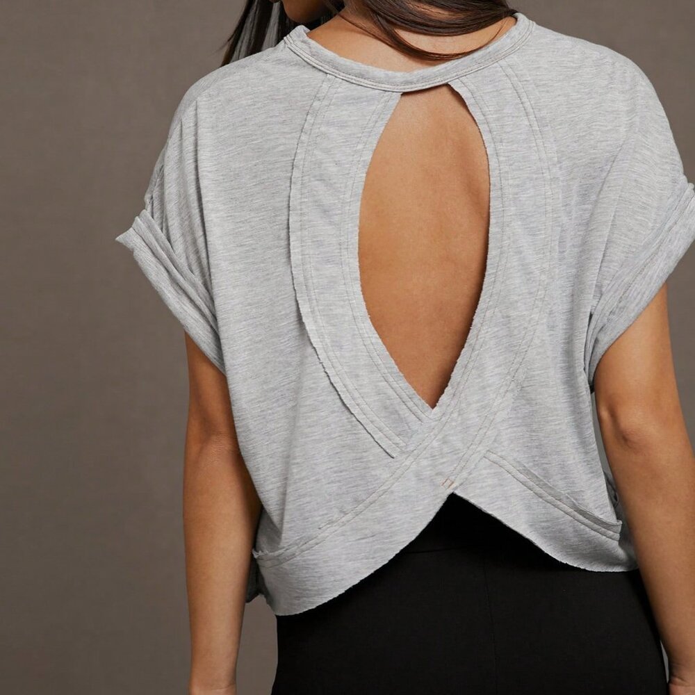 Grey Casual Women's Round Neck Hollow Out Short Front Long Back T-Shirt - Picture 2 of 7